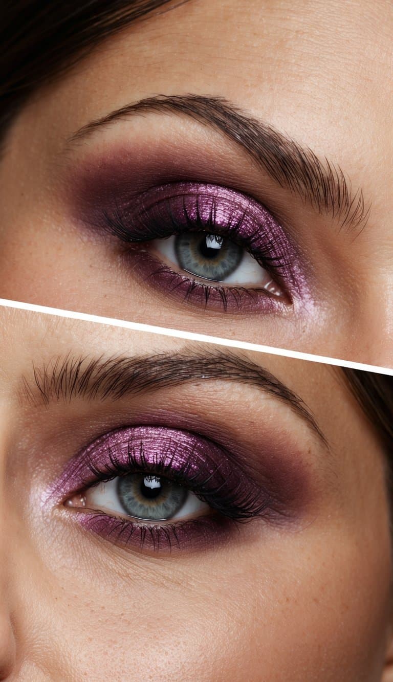 A close-up of two elegant plum-colored eyeshadows blending together with a hint of shimmer, creating a romantic and sophisticated anniversary eye makeup look