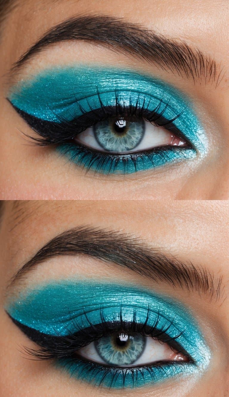 A close-up of a vibrant turquoise cat eye makeup look with shimmer