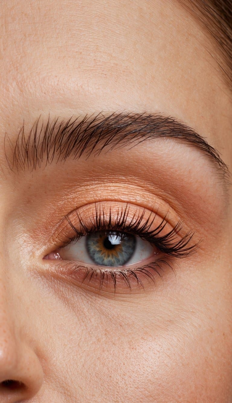 A close-up of peach-colored eyeshadow with a soft, romantic glow
