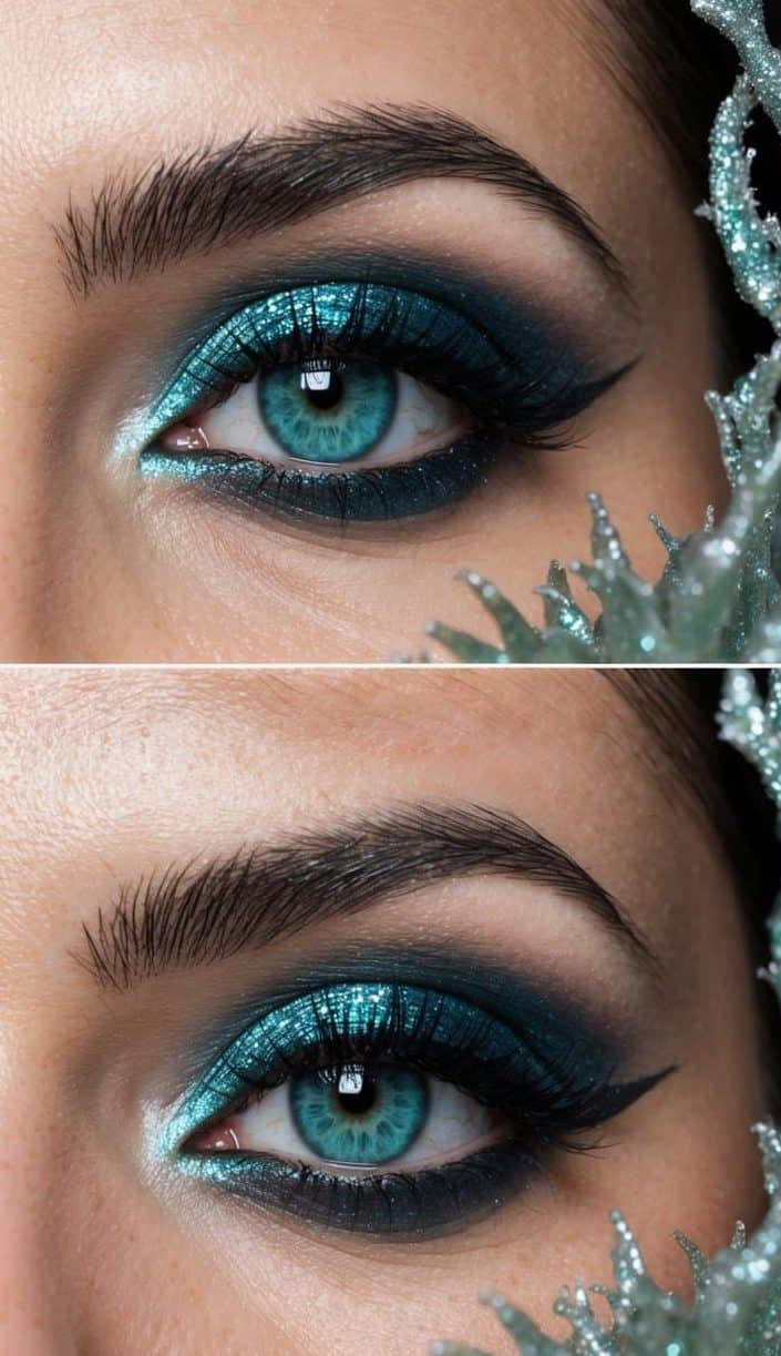 A mermaid with teal blue eyes swimming among shimmering sea plants