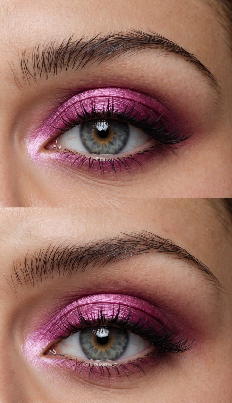 A close-up of a pair of eyes with soft, romantic eye makeup in shades of magenta and gold, with elegant and delicate details