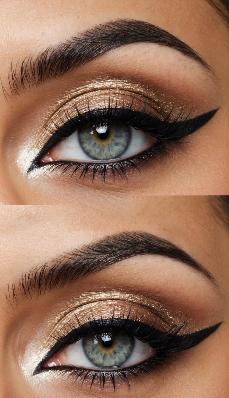 A close-up of a glamorous eye with a bold, vintage-inspired makeup look, featuring a dramatic winged eyeliner and shimmering eyeshadow
