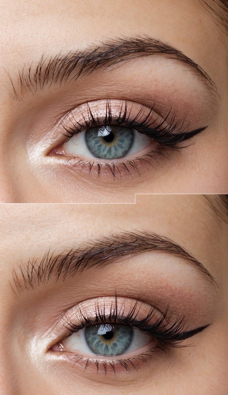 A close-up of a pair of eyes with soft pink champagne eyeshadow and delicate eyeliner, exuding romance and elegance