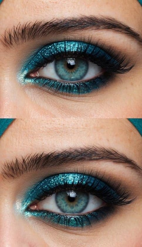 The sun sets over a glistening ocean, casting a shimmering teal blue reflection on the water