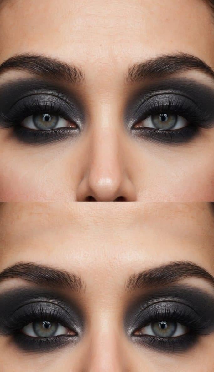 A close-up of a smudged charcoal eye makeup look with bold and elegant details, perfect for a romantic anniversary celebration