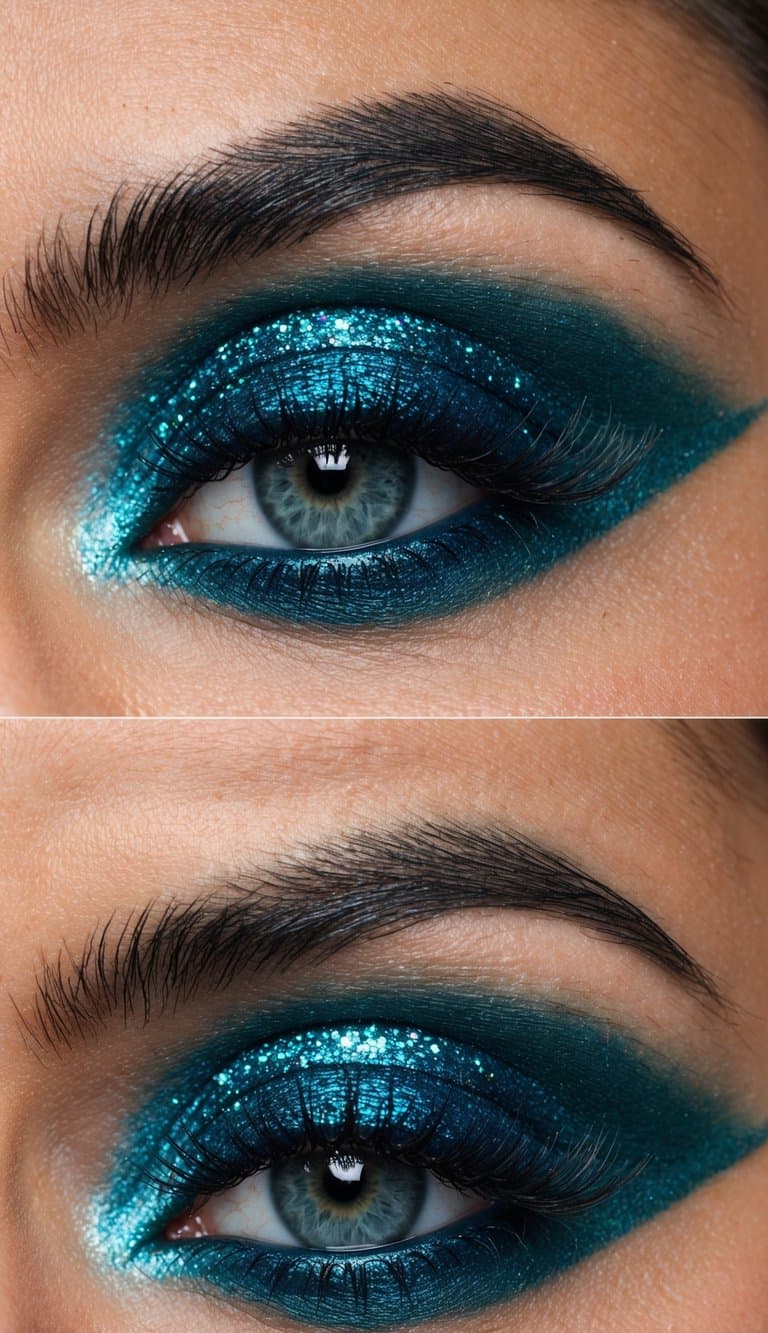 A close-up of a striking teal blue eye makeup look with shimmer and glitter