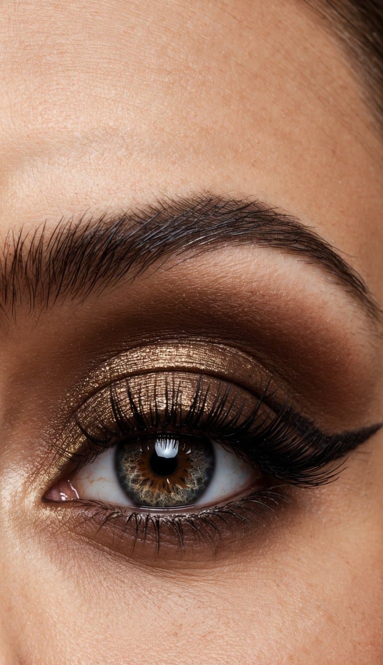 A close-up of sultry espresso-colored eye makeup with shimmering accents and elegant details