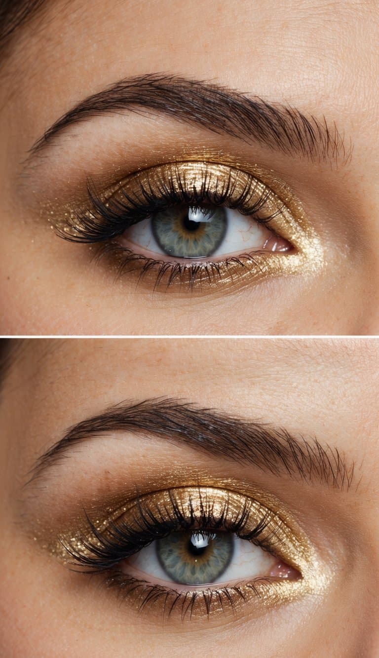 A close-up of a shimmering gold eye makeup look with intricate details and a romantic, elegant vibe