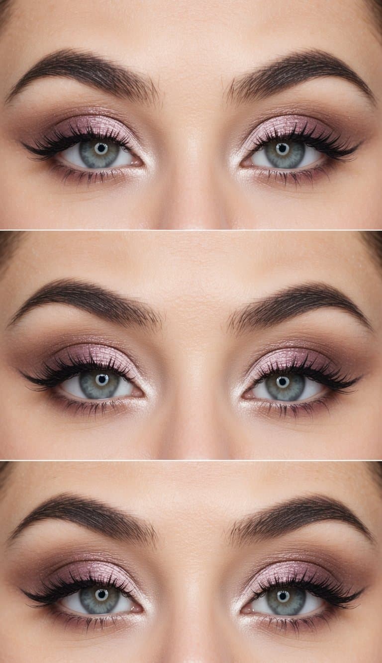 A soft, romantic eye makeup look with shades of subtle mauve and elegant shimmer, featuring delicate eyeliner and a touch of sparkle