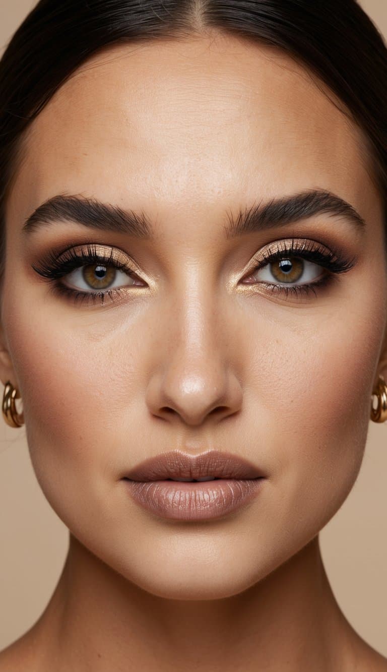 A woman's face with boho chic vintage eye makeup, featuring bold eyeliner and soft, earthy tones