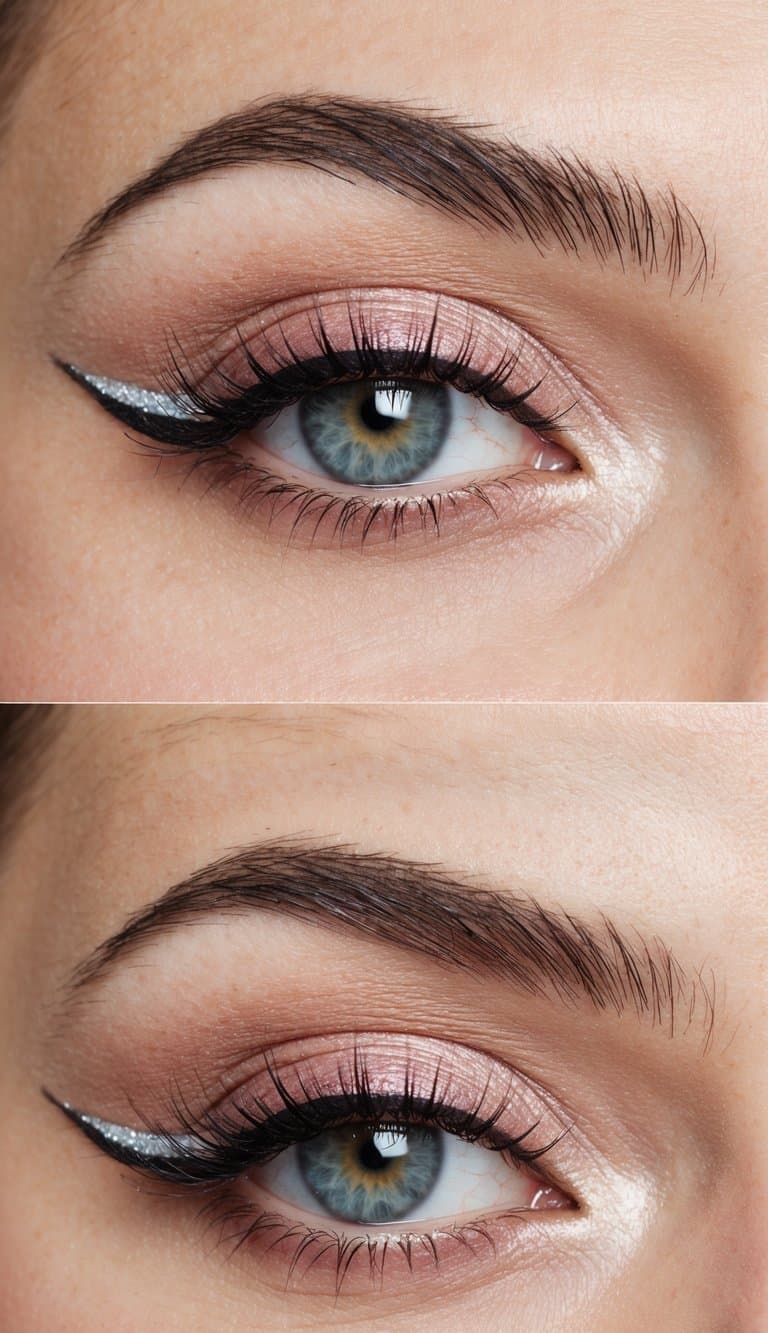 A soft, rosy eye with shimmering accents, framed by long lashes and a subtle winged liner