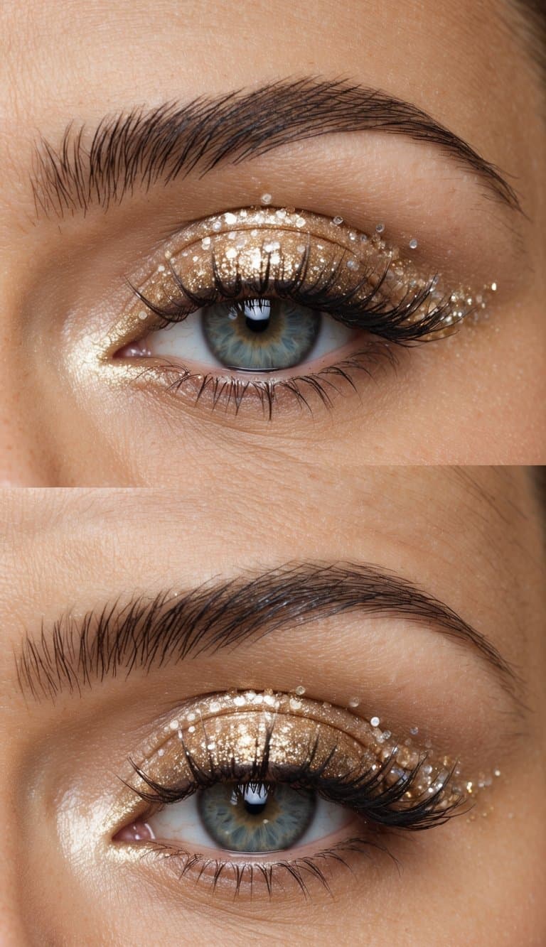 A close-up of sparkling champagne-colored eyeshadow with delicate glitter accents, creating a romantic and elegant anniversary makeup look