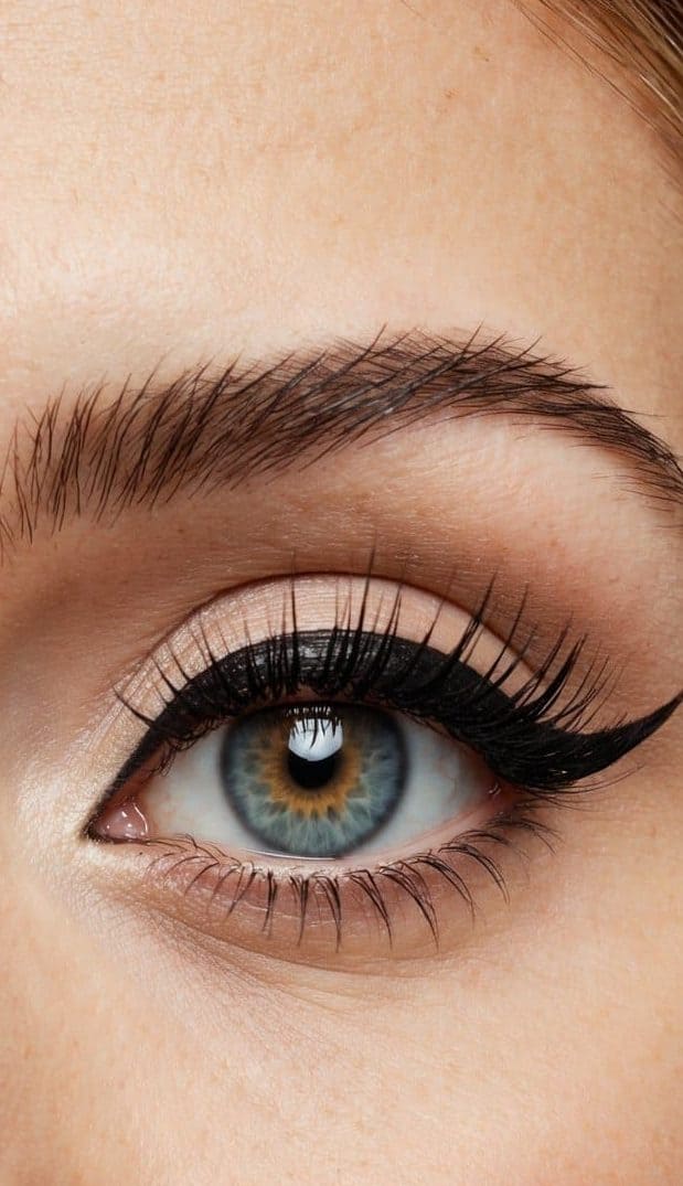 A close-up of a woman's eye with vintage-inspired winged eyeliner and playful, flirty makeup