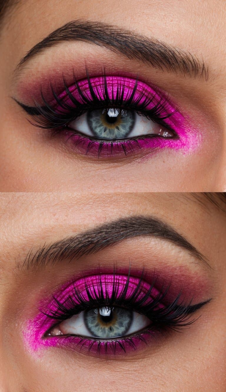 A close-up of a pair of vibrant fuchsia eye makeup looks, with intricate and elegant designs for a romantic anniversary celebration
