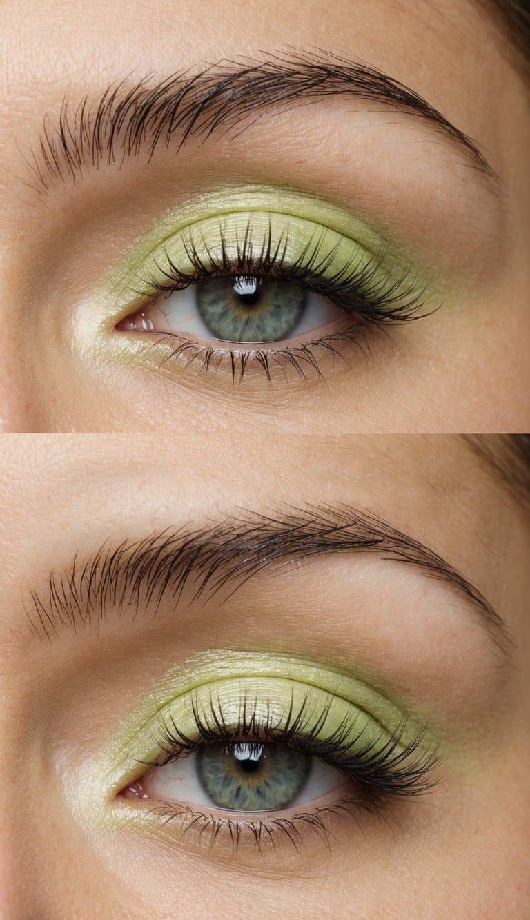 A soft, glowing lime green eye shadow adorning a pair of closed eyelids, with delicate shimmering accents and a touch of romantic elegance