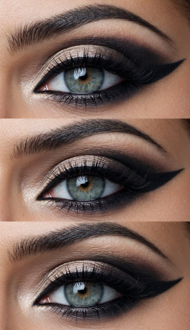 A close-up of a woman's eye with vintage-inspired eye makeup, featuring bold eyeliner and soft, smoky eyeshadow