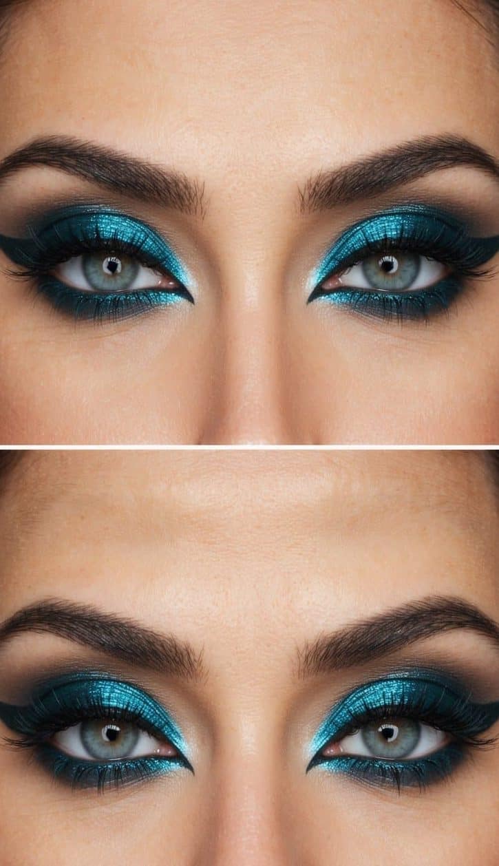 A close-up of a striking teal blue eye makeup look with shimmer and bold lines
