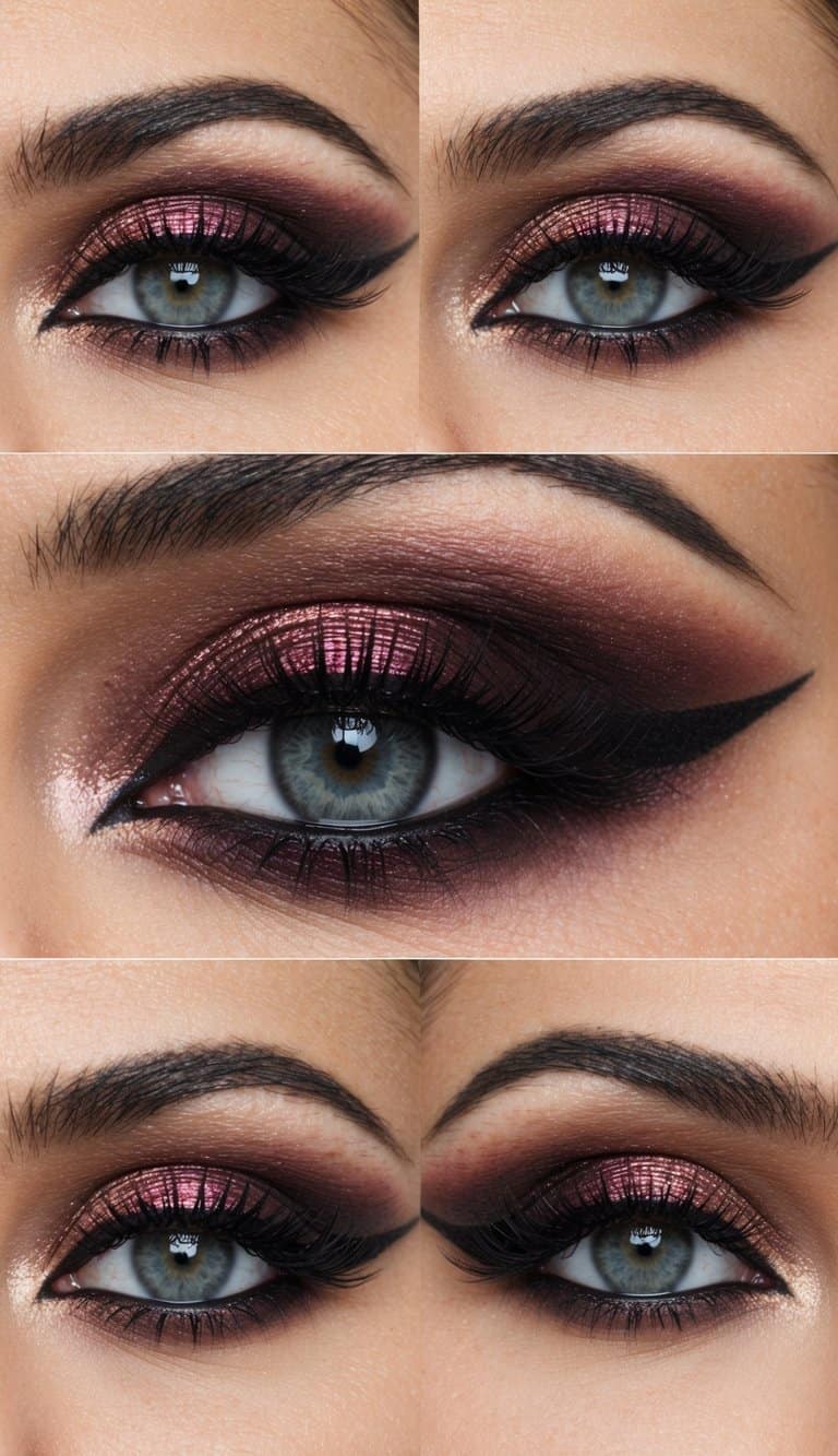 A close-up of a smoky crimson eye with dramatic and elegant makeup, featuring shimmering shadows and bold eyeliner for a 50th anniversary celebration