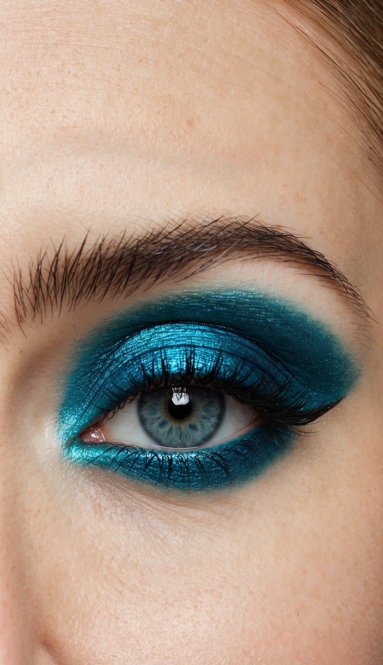 A close-up of a single eye with bold teal blue eyeshadow, shimmering and striking against the skin