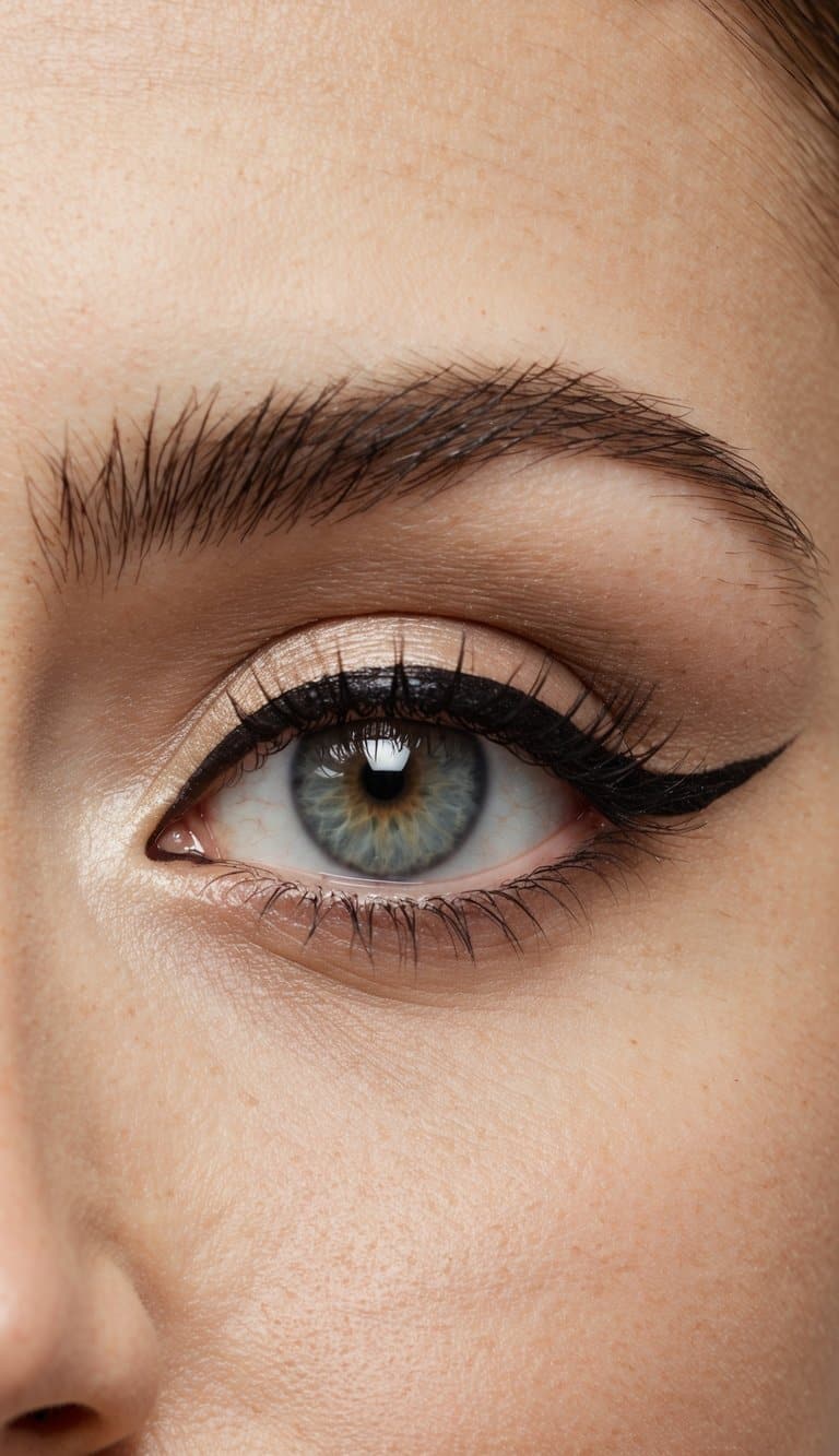 A close-up of a woman's eye with subtle vintage-inspired eye makeup, featuring bold eyeliner and soft, shimmery eyeshadow