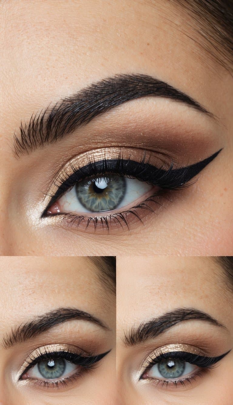 A vintage-inspired eye makeup look with bold eyeliner and soft, shimmery eyeshadow creates a classic and elegant appearance