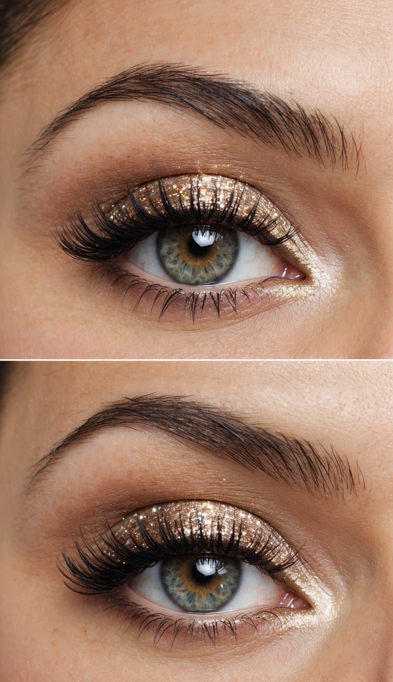 A close-up of a sparkling eye with elegant and romantic makeup, celebrating a 50th anniversary