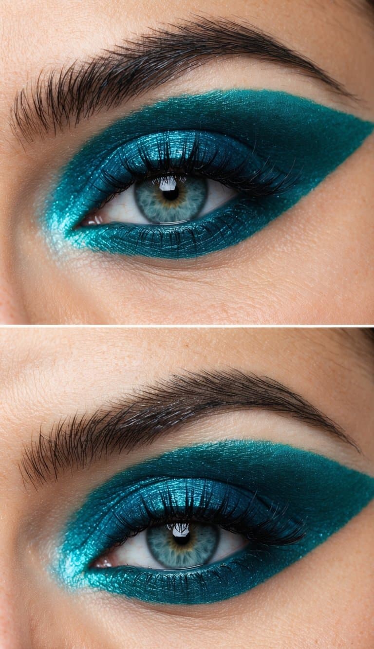 A close-up view of a striking teal blue eye makeup look with shimmer and bold color