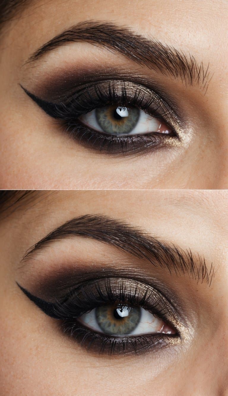 A close-up of a woman's eye with smoky eyeshadow and vintage-inspired makeup, with a soft, smoldering look