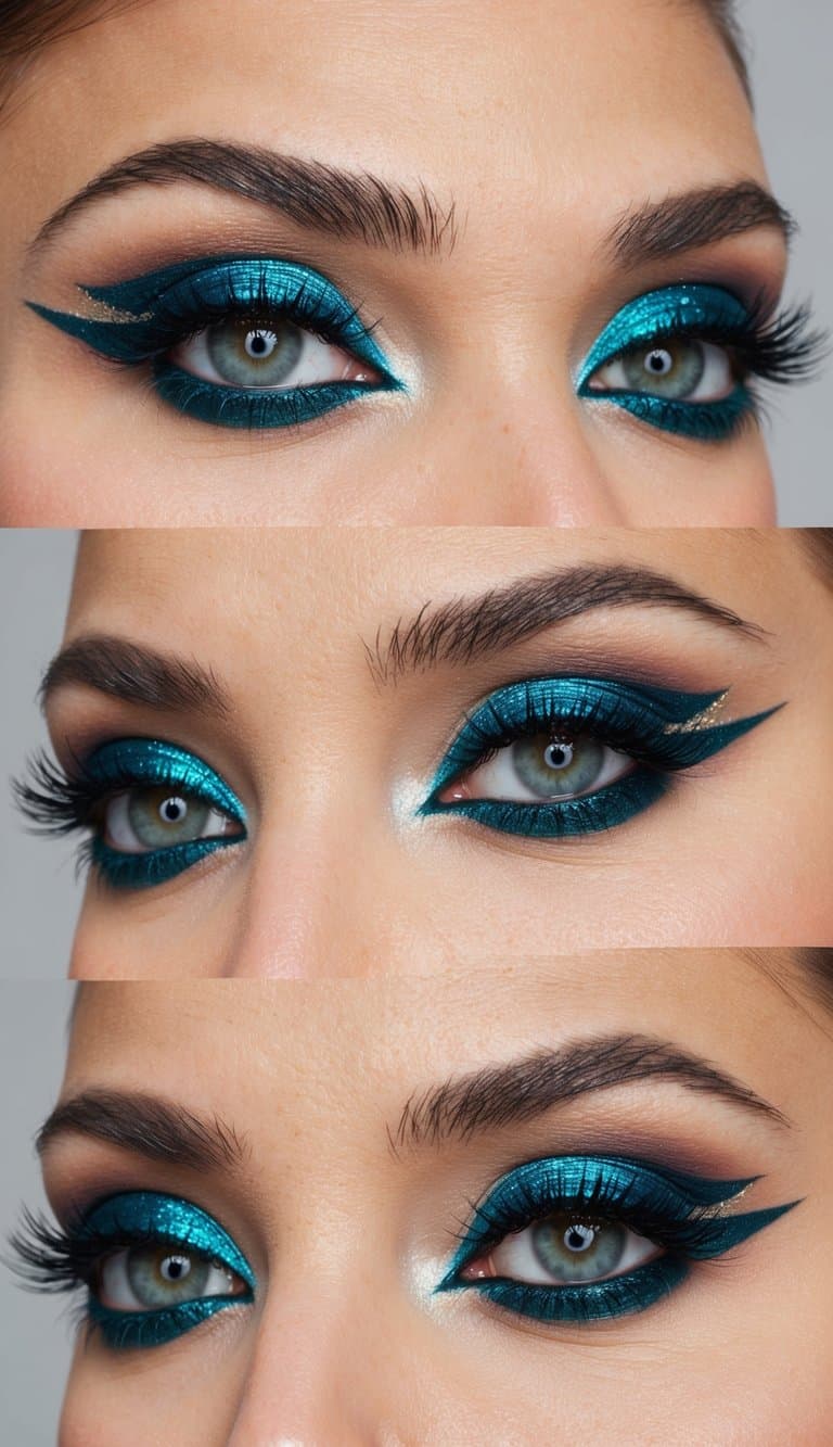 A close-up of vibrant teal blue eye makeup with shimmer and bold lines