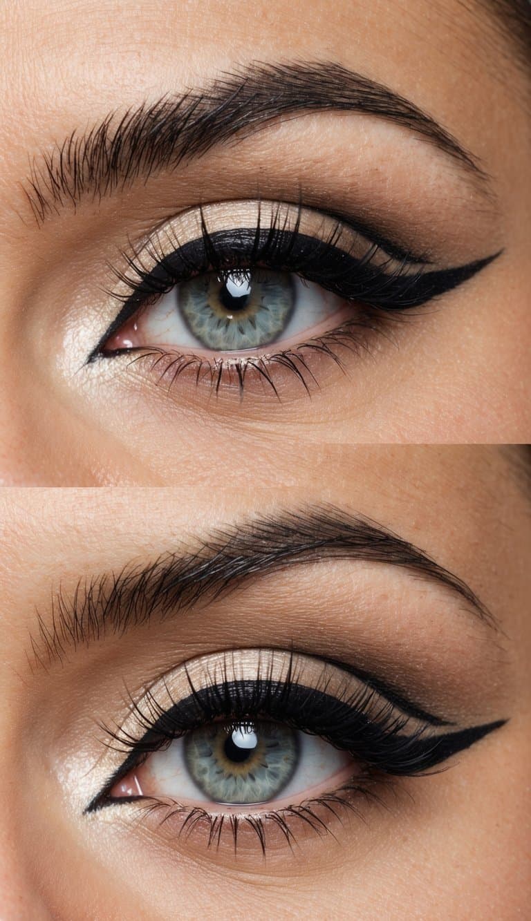 A close-up of a vintage-inspired eye makeup look with bold eyeliner and intricate details, showcasing timeless elegance