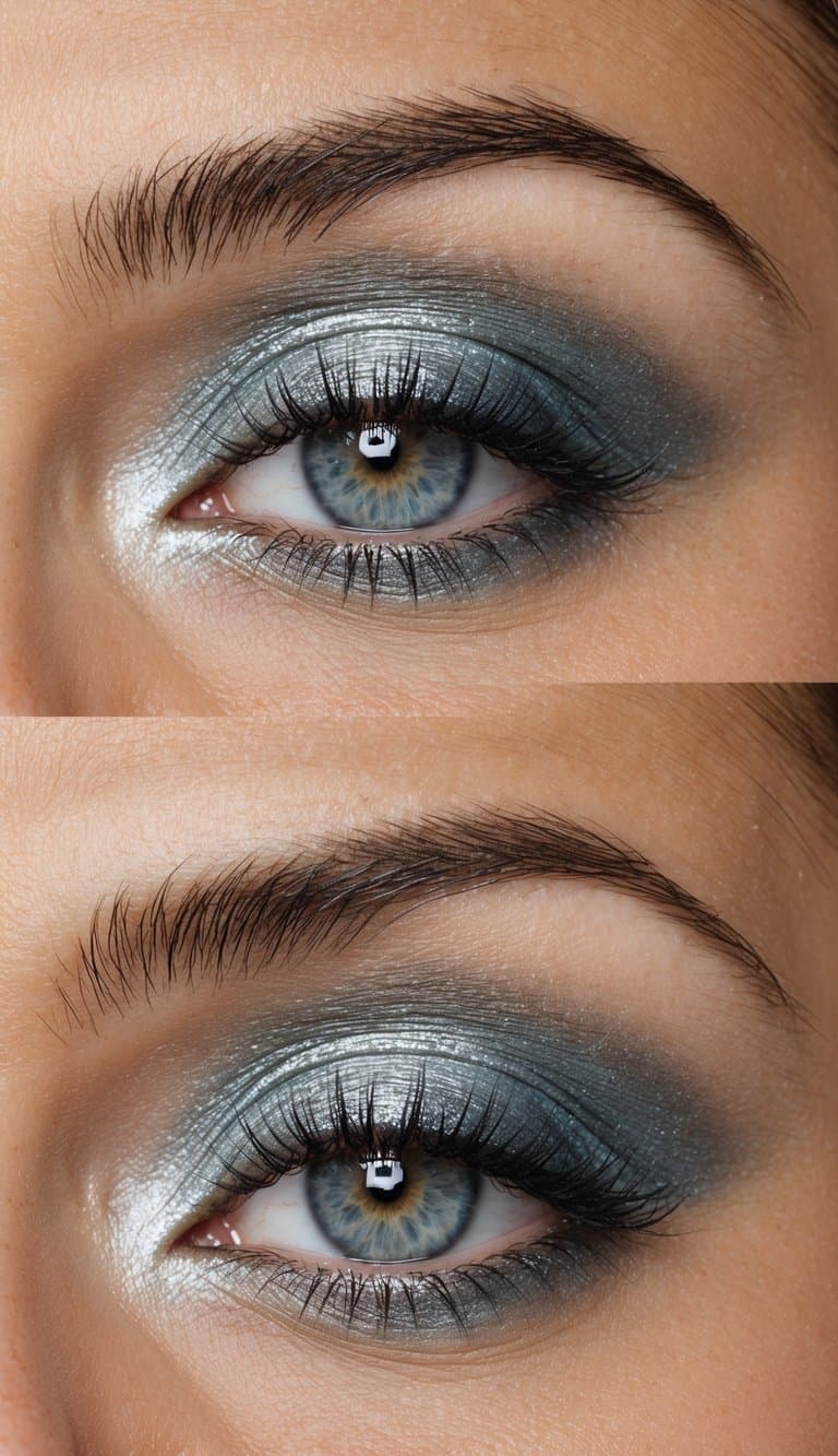 A soft, silver-blue eye shadow palette with shimmering highlights