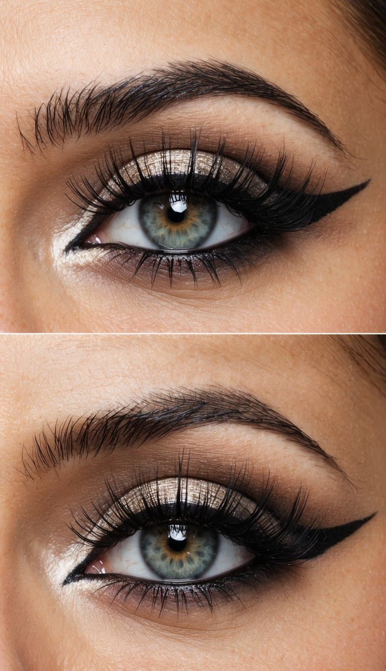 A vintage-inspired eye makeup look with bold eyeliner, shimmering eyeshadow, and long, fluttery lashes