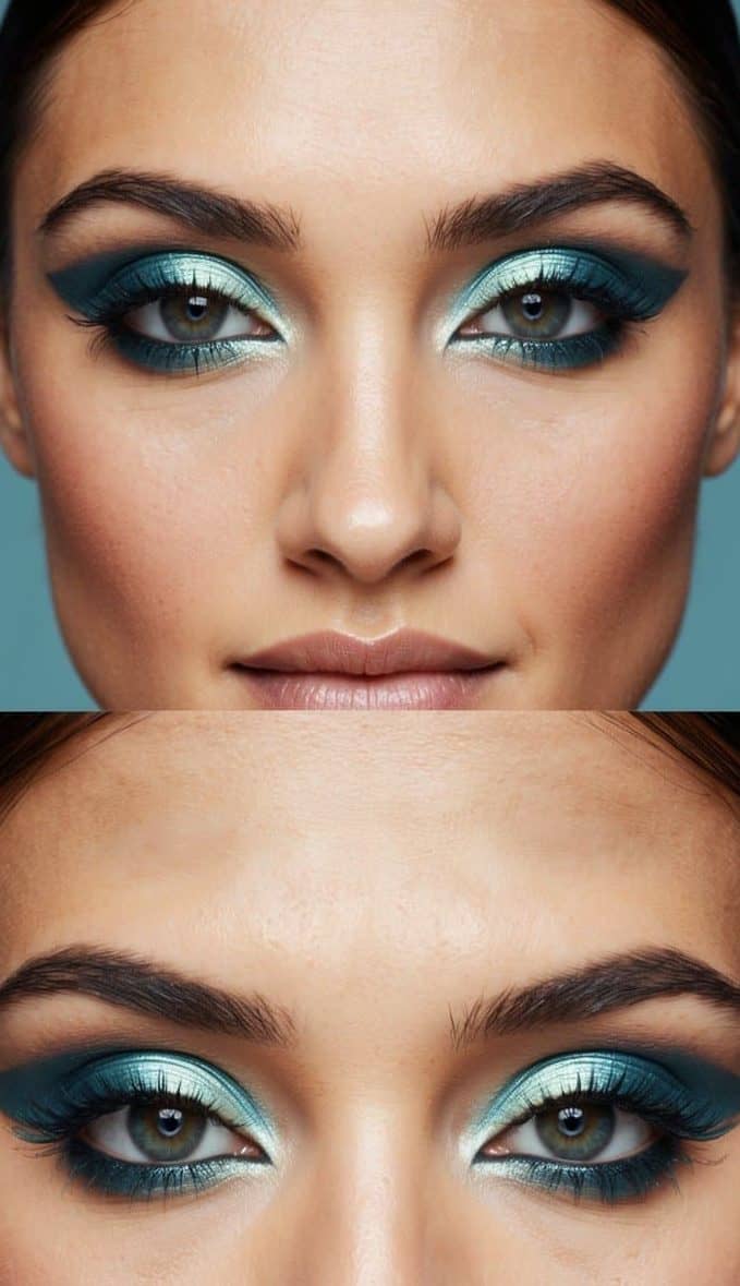 A pair of eyes with bold, frosted eyeshadow in a retro 90s makeup look