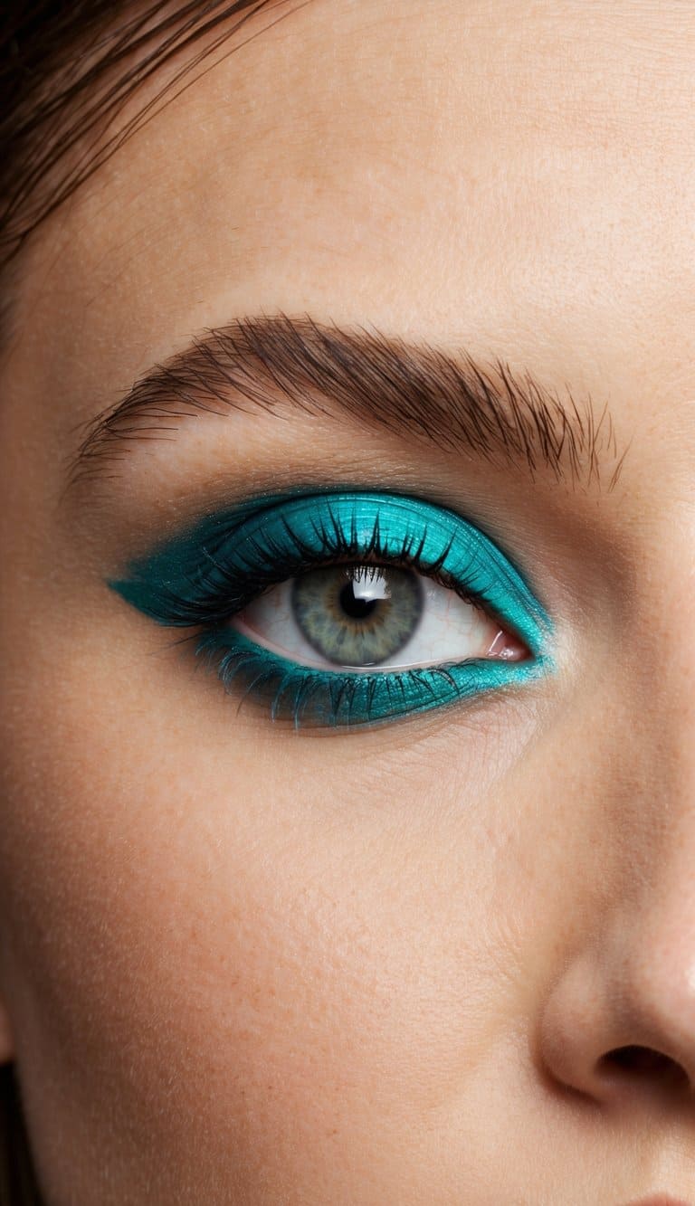 A close-up of a model's eye with bold frosted eyeshadow in a 90s-inspired makeup look
