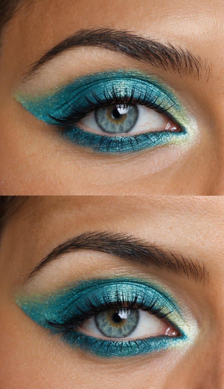 A close-up of a shimmery, frosted eye makeup look from the 90s, featuring bold colors and a retro-inspired aesthetic