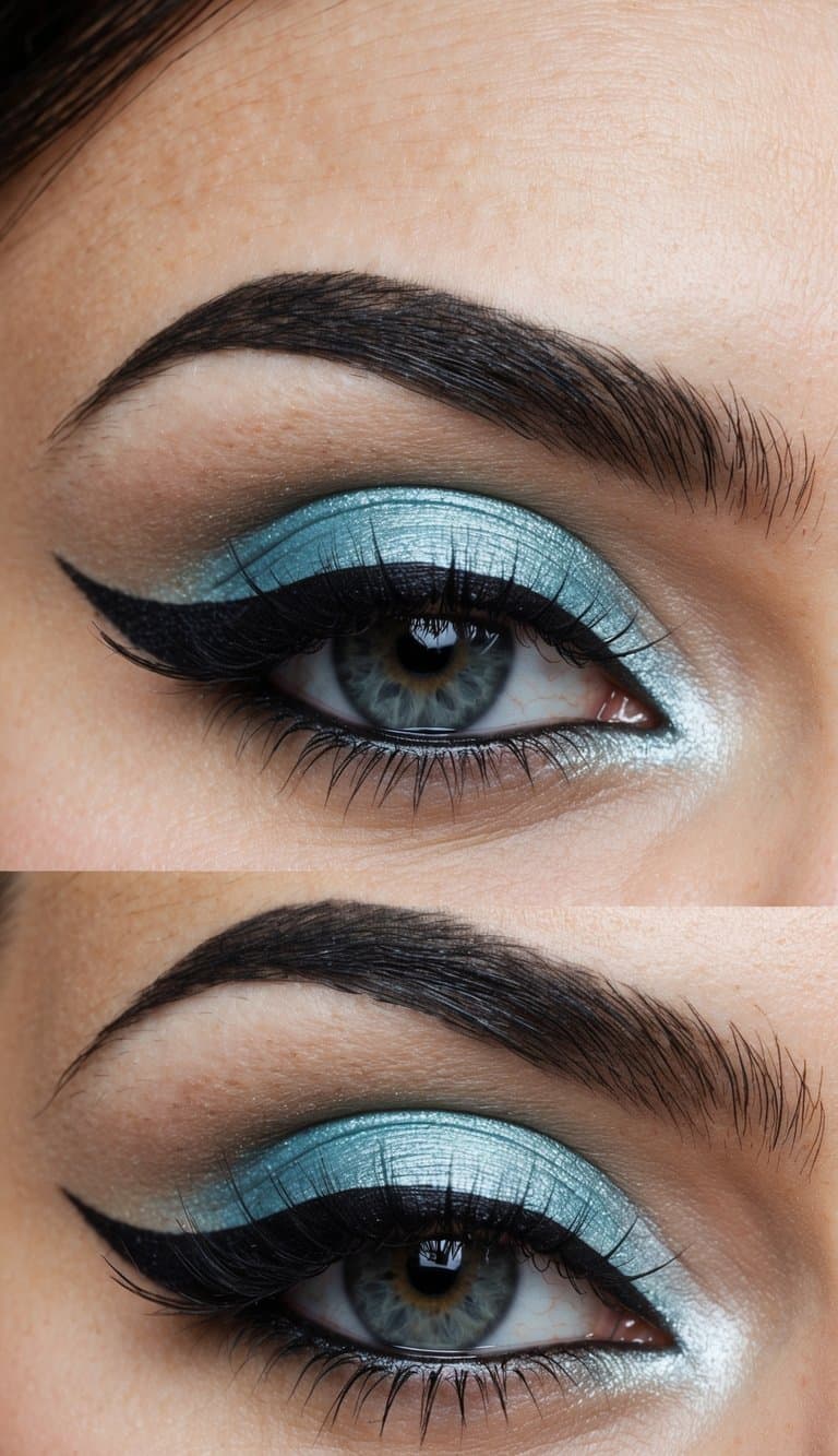 A close-up of bold eyeliner wings with frosted eyeshadow, reminiscent of 90s makeup trends