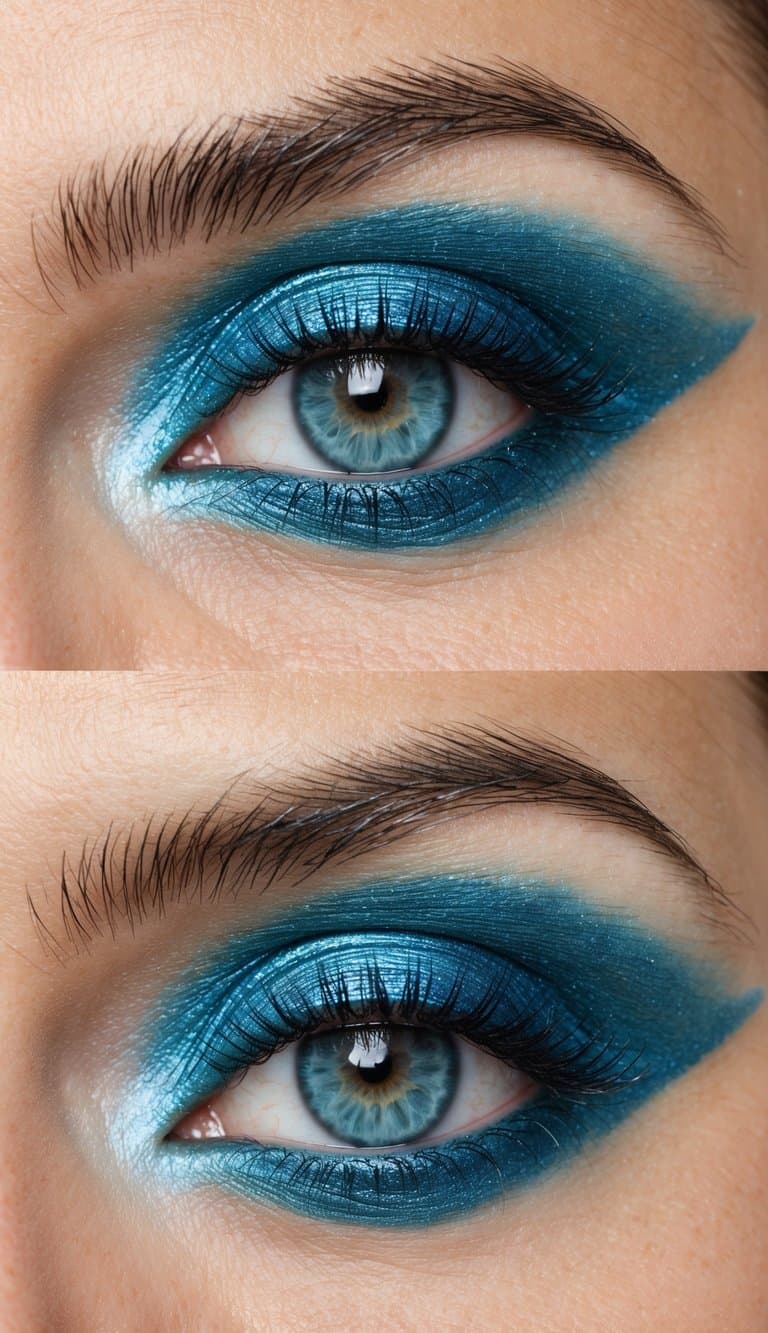 A close-up of a pair of eyes with metallic shades of blue and silver, showcasing a bold frosted 90s makeup look