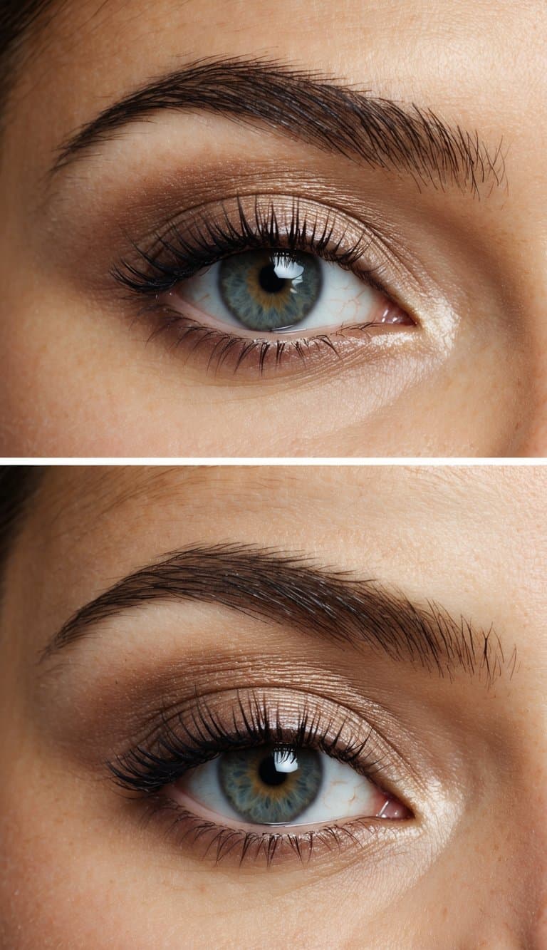 A close-up of a model's eye with bold frosted eyeshadow in neutral shadows, capturing the retro-inspired 90s makeup look
