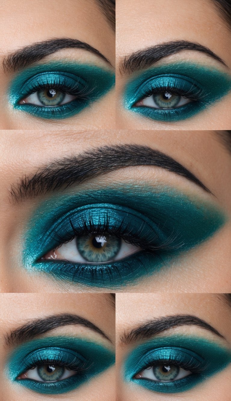 A close-up of a vibrant teal smokey eye with bold and colorful eyeshadow, creating a striking and eye-catching makeup look