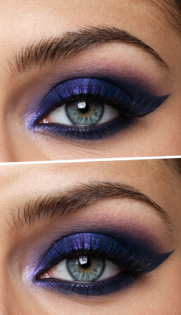 A close-up of an eye with vibrant lavender and navy eyeshadow, creating a bold and colorful makeup look