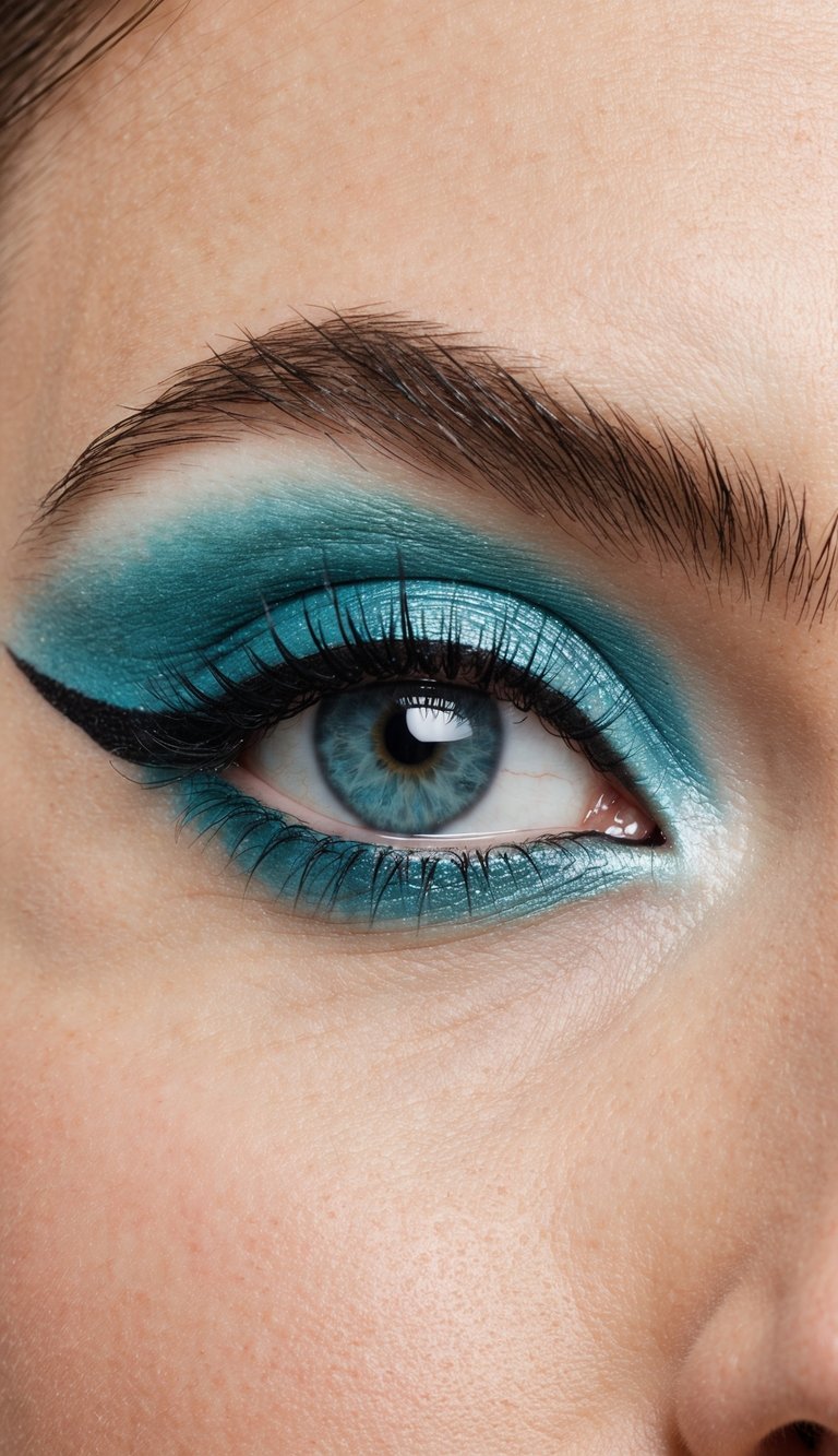 A close-up of an eye with turquoise shadow and silver liner