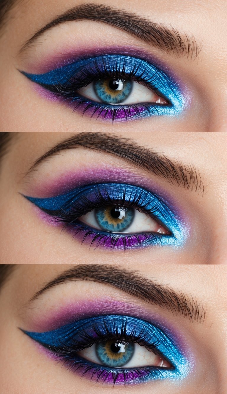 An iridescent blue and purple eye makeup look with vibrant colors popping