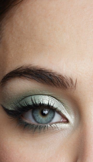 A close-up of a pair of elegant eyes with frosty mint eyeshadow, highlighted with shimmer and defined with precision eyeliner