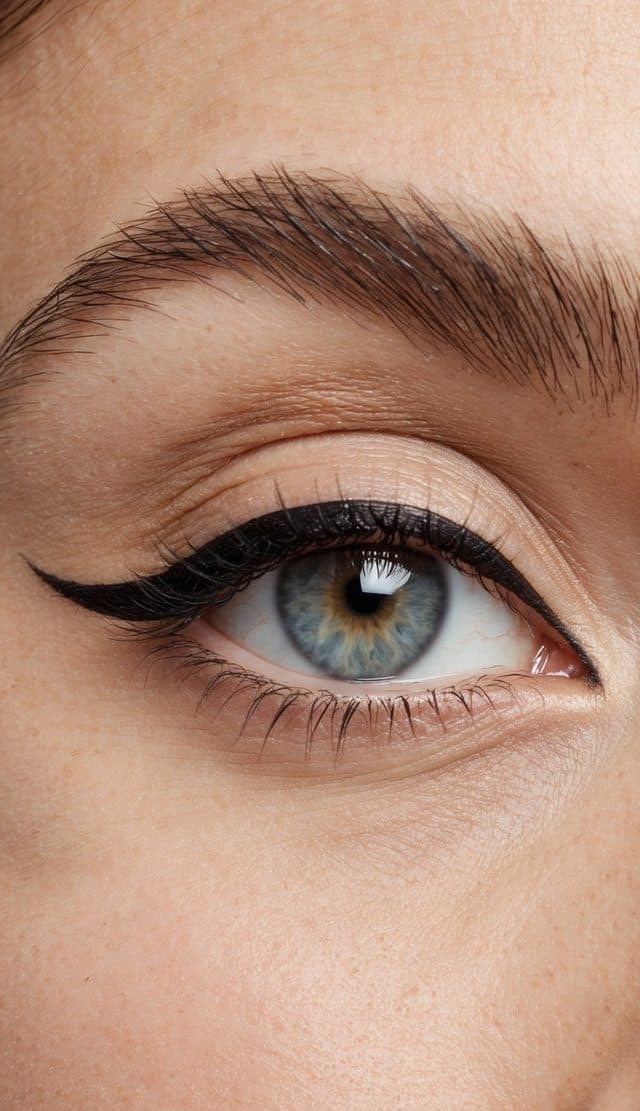 A close-up of a clean eyelid with a simple winged liner and soft matte eyeshadow in natural daylight