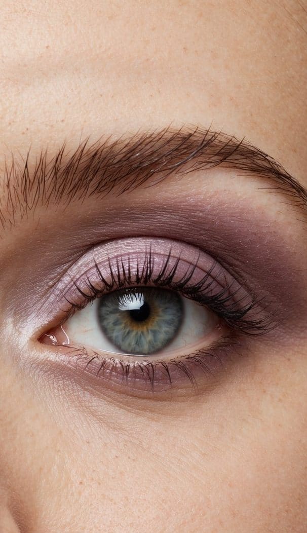 A close-up of an eye with dusky lavender eyeshadow blending into soft matte shades, creating a fresh and natural daytime makeup look