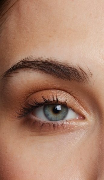 A close-up of a pair of eyes with soft matte eyeshadow in a sweet caramel tone, creating a fresh and natural daytime look