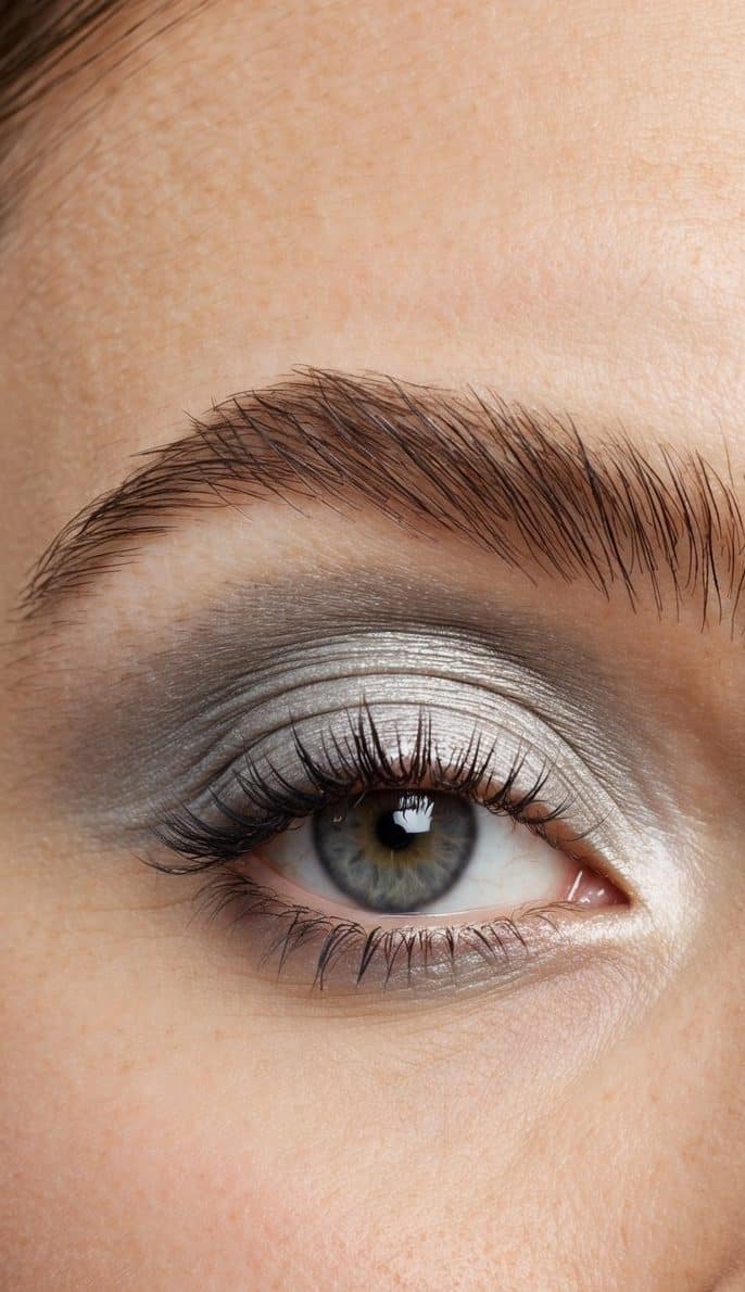 Soft, silvery gray eyeshadow applied with a light hand, creating a fresh and natural daytime look