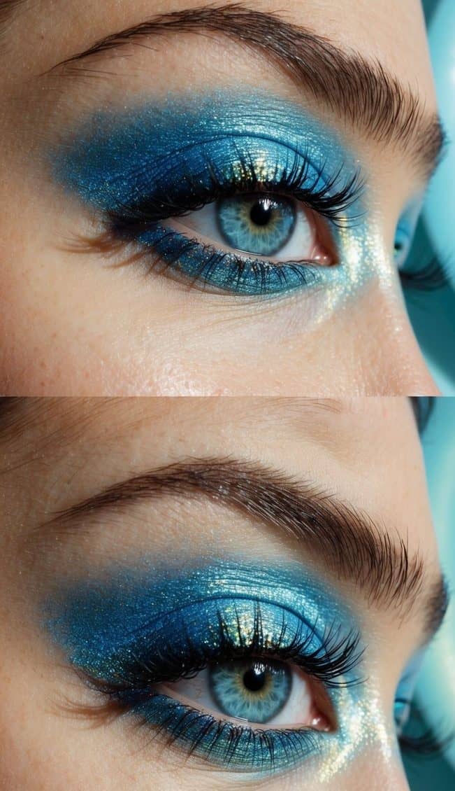 Shimmering blue and iridescent ocean-inspired eye makeup on a smooth, clean surface with natural light reflecting off the colors