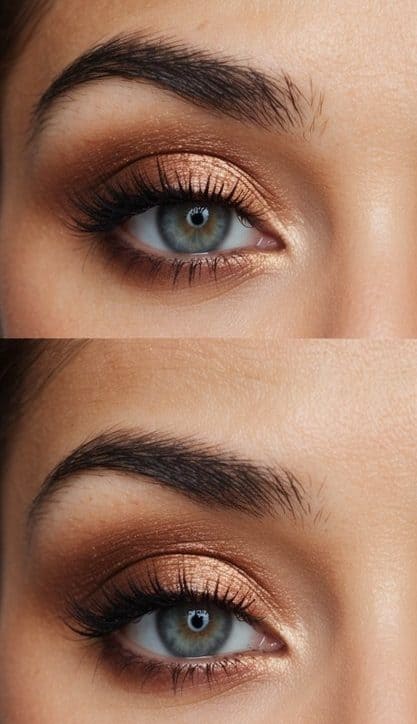 A close-up of a copper-toned smokey eye makeup look with soft and subtle neutral tones