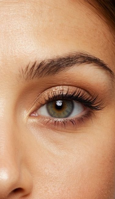 A sun-kissed face with subtle eye makeup, glowing with a natural radiance